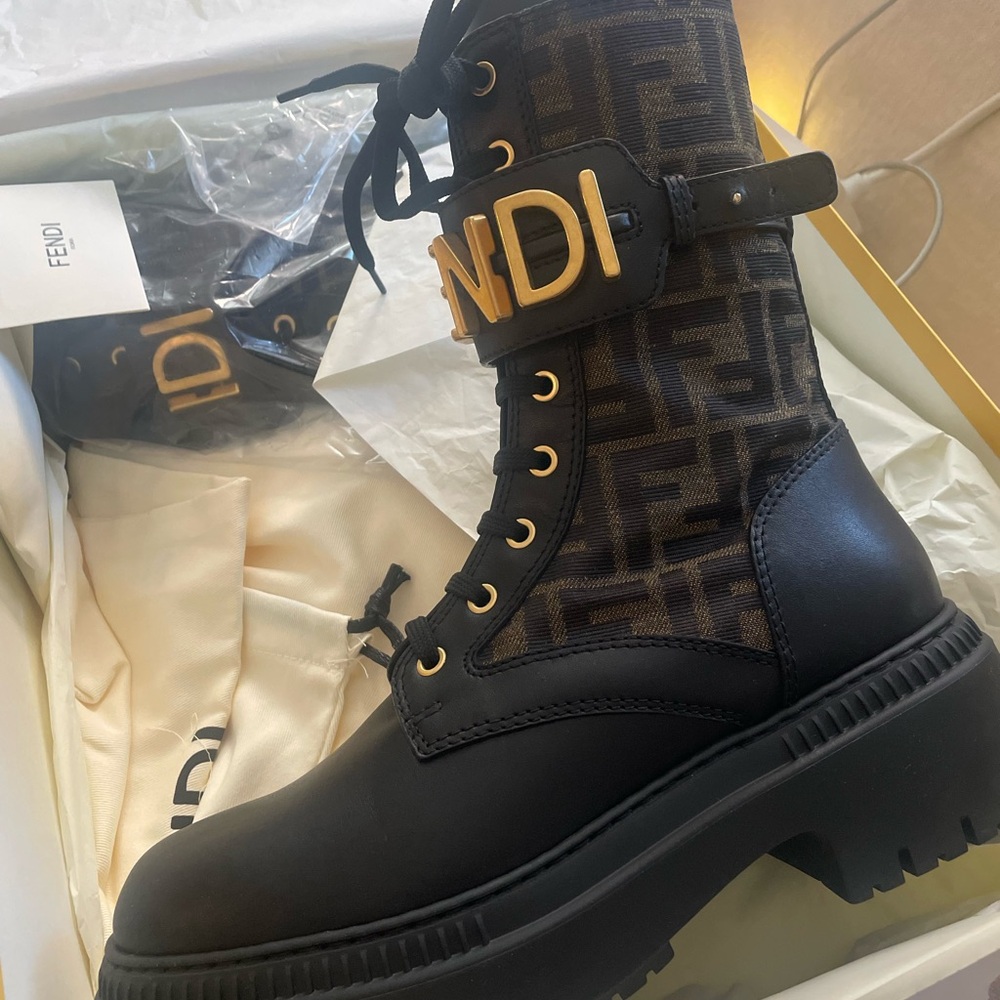 Fendi Black and Brown Logo Lace-Up Boots